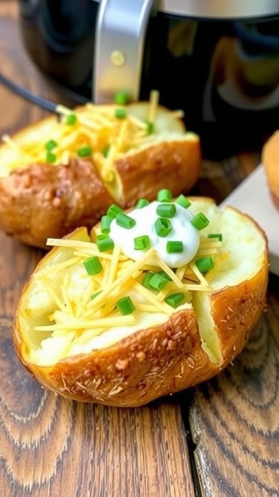 A jacket potato topped with sour cream, cheese, and chives on a wooden table.